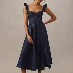 NWT V. Chapman Vera Ruffle-Strap Corset Side-Slit Midi Dress